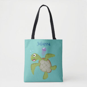 Bolso De Tela Tortuga marina verde suave feliz ilustracion perso