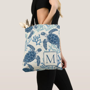 Bolso De Tela Tortugas Marinas Azul y Crema Monograma