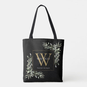 Bolso De Tela Tot de Monograma de Oro Hojas de Verdor Acuarela