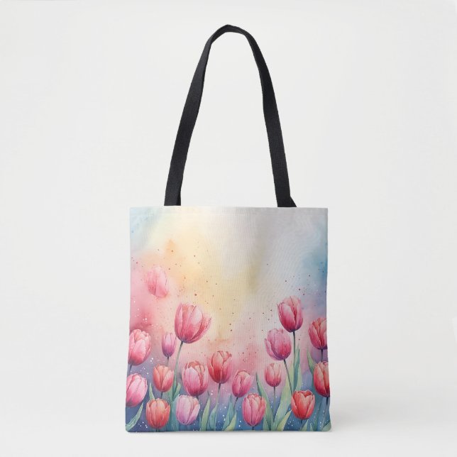 Bolso De Tela Tote acuarela de tulipanes vibrantes (Anverso)