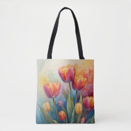Bolso De Tela Tote acuarela Tulips en floración