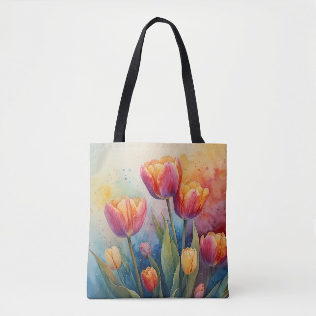 Bolso De Tela Tote acuarela Tulips en floración (Anverso)