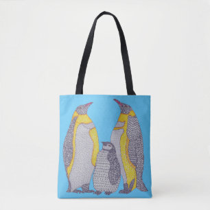 Bolso De Tela Tote All-Over - Familia de Pingüinos (azul claro)