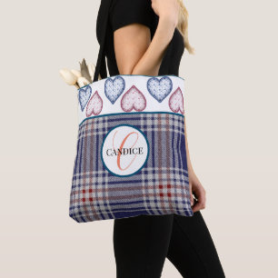 Bolso De Tela Tote Americano Monogramado De Color Blanco Rojo Y