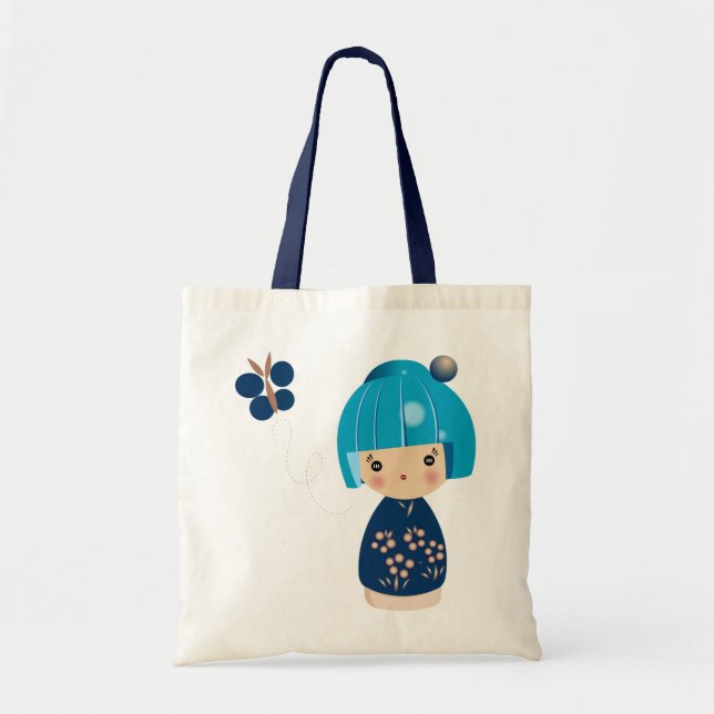 Bolso De Tela Tote azul del trío de Kokeshi (Frente)