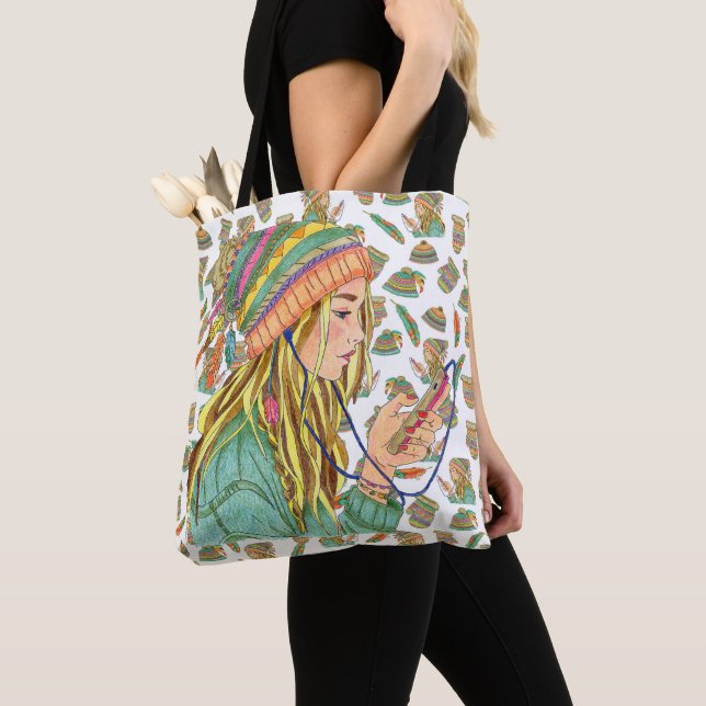 Bolso De Tela Tote Bag Boho Gorra Chica (Detalle)