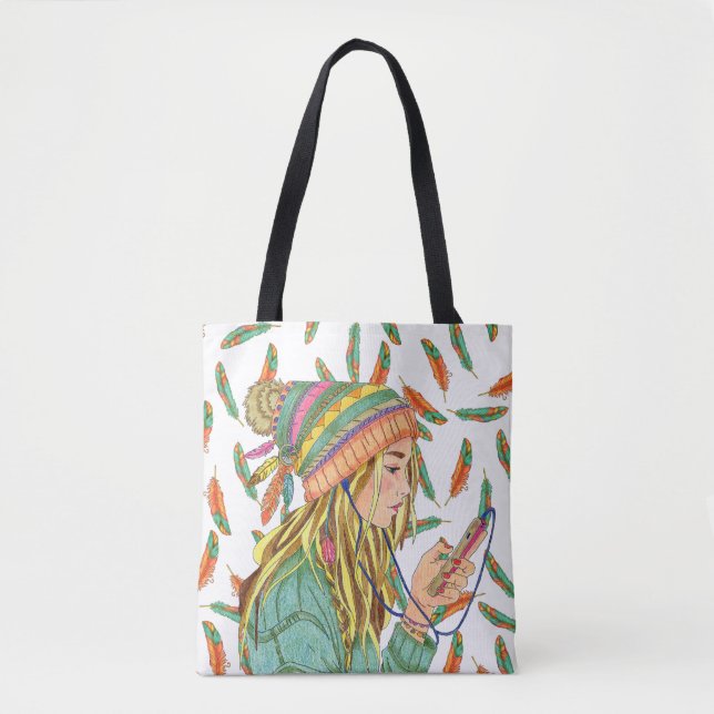 Bolso De Tela Tote Bag Boho Gorra Chica Feather (Anverso)