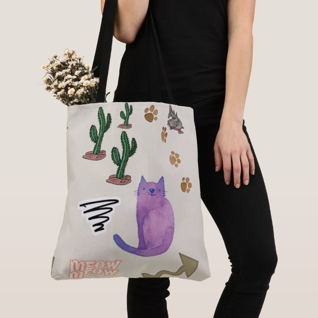 Bolso De Tela Tote Bag Cat Fish Cactus Paws Meow (Detalle)