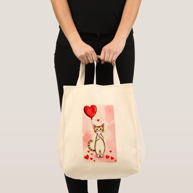 Bolso De Tela Tote Bag Cat Love Red Hearts  (Anverso (producto))