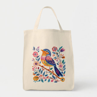 Bolso De Tela Tote Bag, diseño de aves étnicas y flores