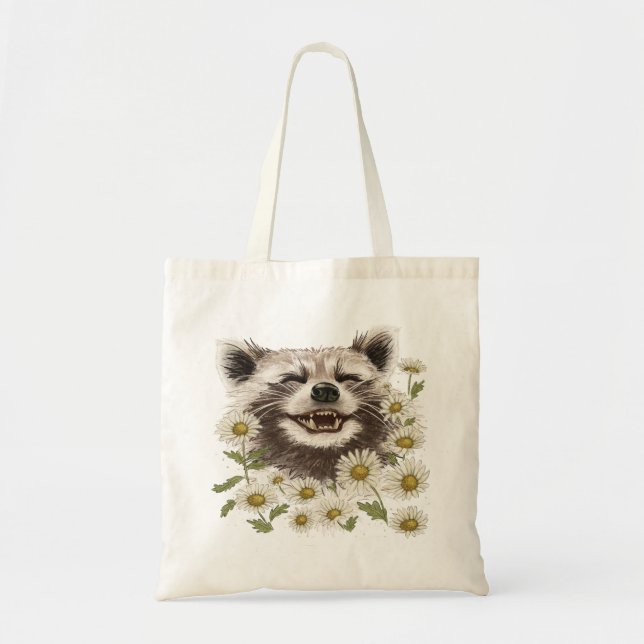 Bolso De Tela Tote Bag Happy raccoon en margaritas (Frente)