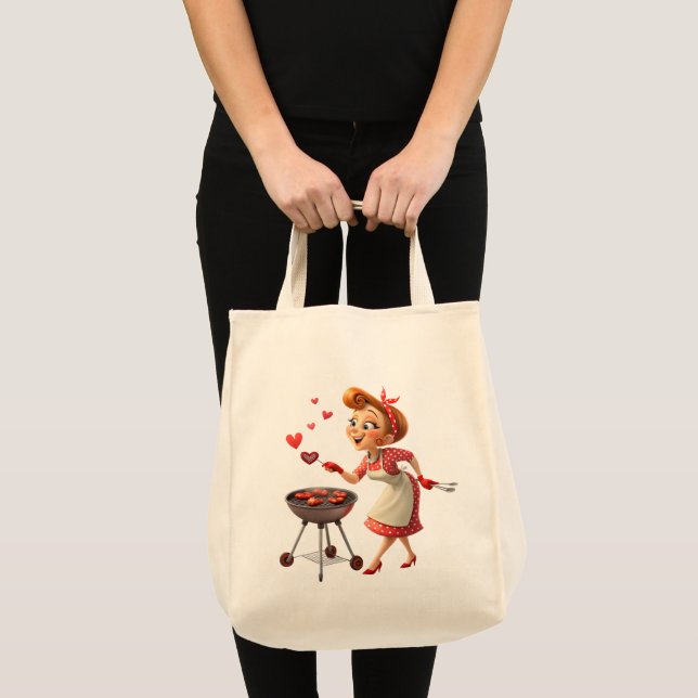 Bolso De Tela Tote Bag Lady Cooking Love Red Hearts  (Anverso (producto))