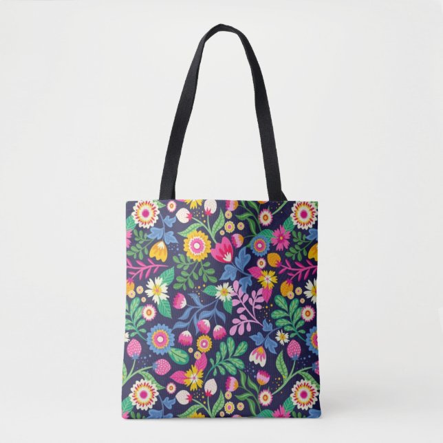Bolso De Tela Tote Bag With Black Background Floral Design (Anverso)
