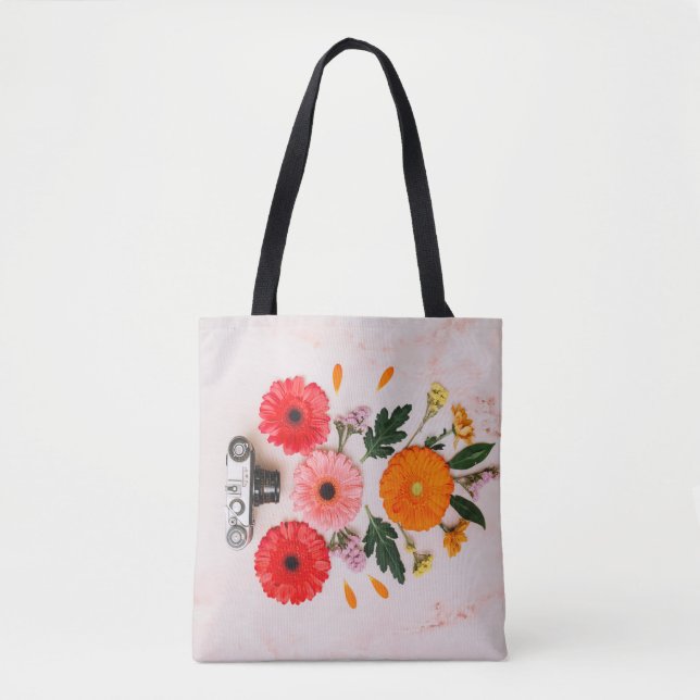 Bolso De Tela Tote Cámara y Flores (Anverso)