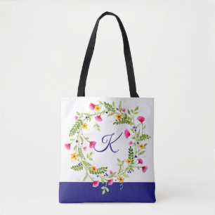 BOLSO DE TELA TOTE CON COLOR DE AGUA DE AGUA INICIAL DE FLORES