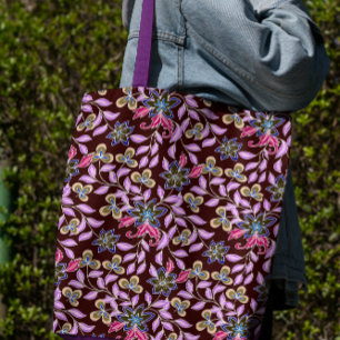 Bolso De Tela Tote con flores moradas sobre fondo marrón