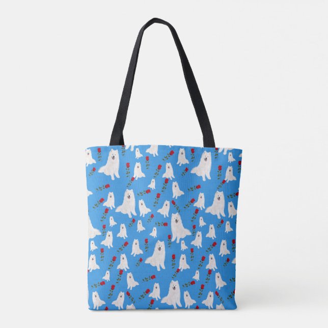 Bolso De Tela Tote con Samoyeds en Sky Blue. (Reverso)
