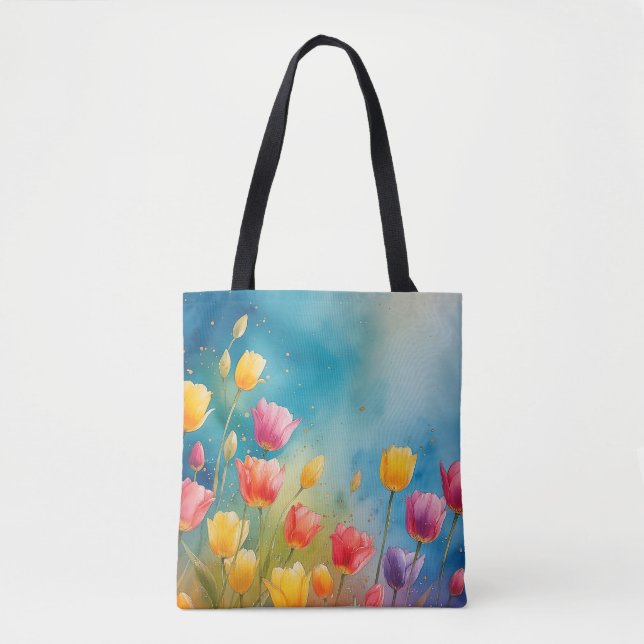 Bolso De Tela Tote de acuarela floral con tulipanes (Anverso)
