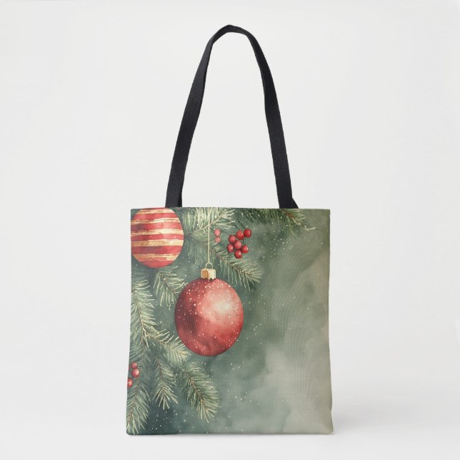 Bolso De Tela Tote de acuarela verde y rojo festivo (Anverso)