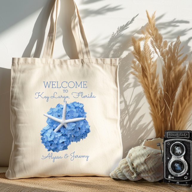 Bolso De Tela Tote de bienvenida de Blue Hydrangea Starfish Boda (Subido por el creador)