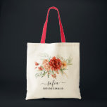 Bolso De Tela Tote de Boda de la dama de honor de Boho Floral<br><div class="desc">Un elegante conjunto de invitaciones nupciales con flores acuáticas en beige rústico,  naranja quemado,  tonos de siena en un fondo marrón. Si necesita algún cambio en el diseño,  como color,  texto o tipo de letra,  póngase en contacto con nosotros en seamistmail@gmail.com. Nos encanta ser parte de tus recuerdos felices.</div>