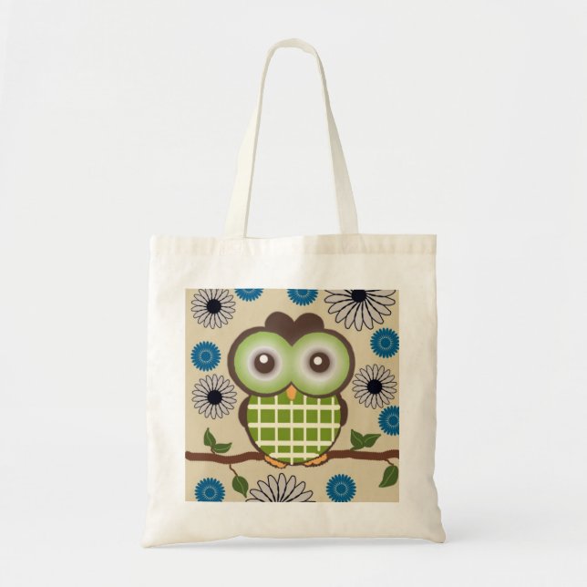 Bolso De Tela Tote de búho verde y marrón (Frente)
