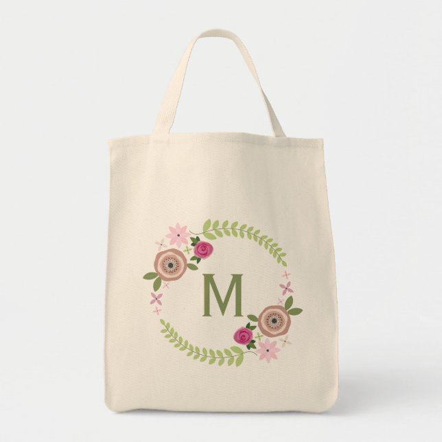 Bolso De Tela Tote de cervecería con monograma de floral (Frente)