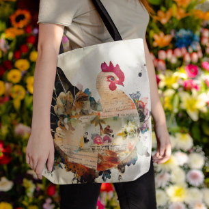 Bolso De Tela Tote de Collage de arte de medios mixtos de pollo