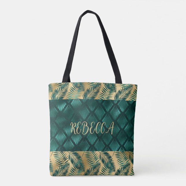 Bolso De Tela Tote de diseño verde azulado y dorado (Reverso)