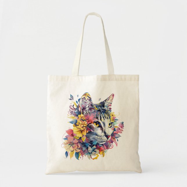 Bolso De Tela Tote de gato floral (Frente)