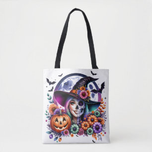 Bolso De Tela Tote de Halloween con bruja y esqueleto