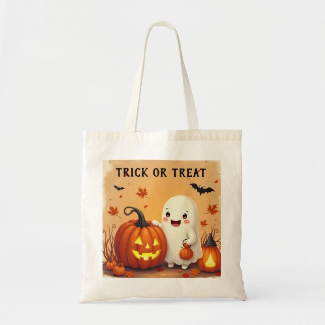 Bolso De Tela Tote de Halloween con fantasma y calabaza personal (Frente)