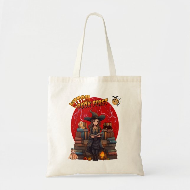 Bolso De Tela Tote de Halloween "Witch Book First", muy divertid (Frente)