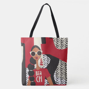 Bolso De Tela Tote de hombro rojo, blanco y negro