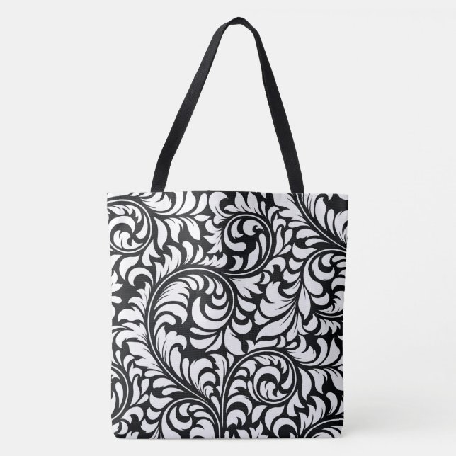 Bolso De Tela Tote de impresión de Damasco floral blanco y negro (Anverso)