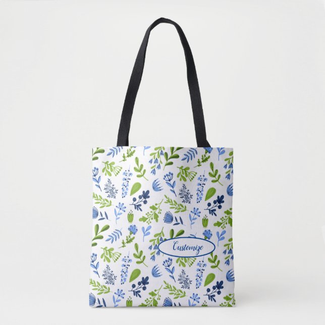 Bolso De Tela Tote de impresión floral azul y verde (Anverso)