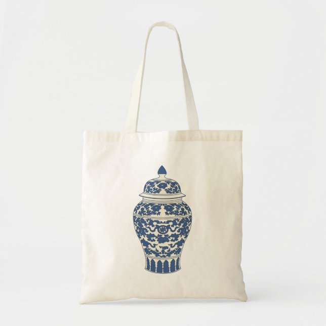 Bolso De Tela Tote de Jar de jengibre azul y blanco (Frente)