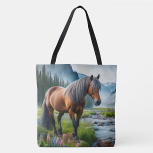 Bolso De Tela Tote de la corriente del caballo Mustang y montaña