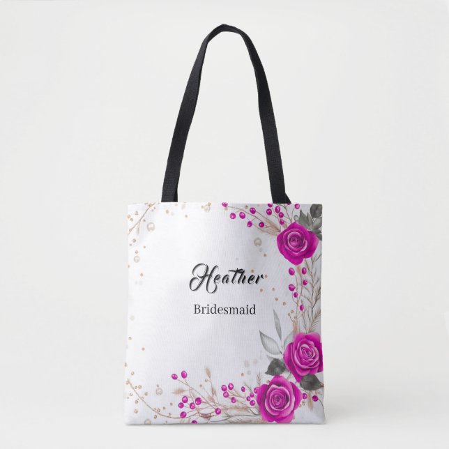 Bolso De Tela Tote de la dama de honor rosa y blanca (Anverso)