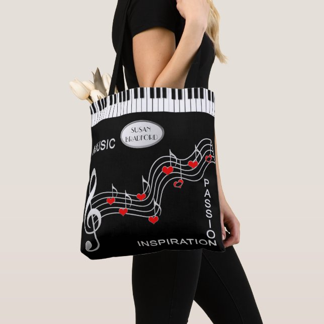Bolso De Tela Tote de la música - teclado - notas - corazones (Detalle)