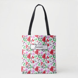 Bolso De Tela Tote de las flores rosadas de los corazones rojos