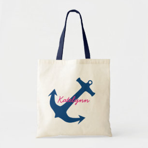 Bolso De Tela Tote de lienzo monograma de ancla náutica azul de