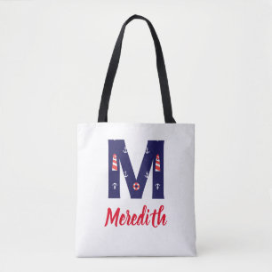Bolso De Tela Tote de monograma del faro náutico inicial M