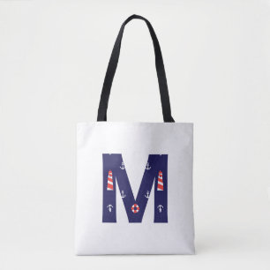 Bolso De Tela Tote de monograma del faro náutico inicial M