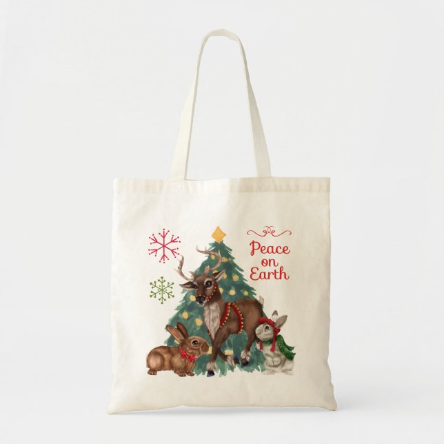Bolso De Tela tote de navidades con Woodland ANimals (Frente)