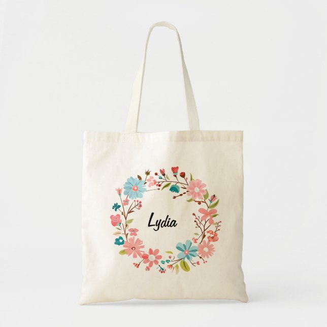 Bolso De Tela Tote de nombre floral personalizado - regalo para  (Frente)