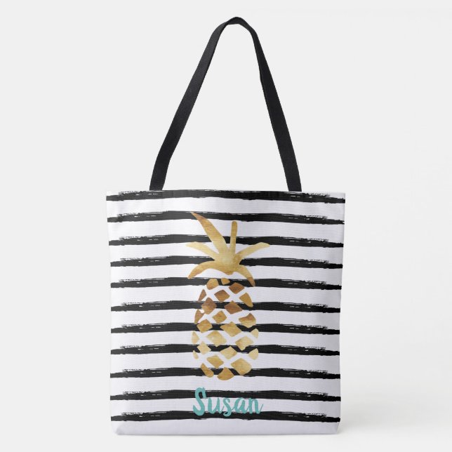 Bolso De Tela Tote de piña y rayas - Personalizar con nombre (Anverso)