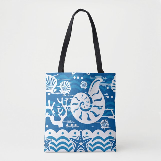 Bolso De Tela Tote de playa azul y blanco (Anverso)