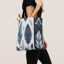 Bolso De Tela Tote de plumas azules y plateadas