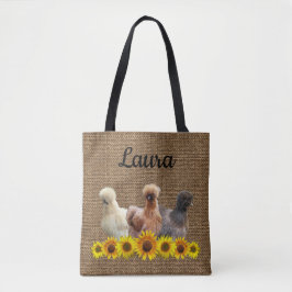 Bolso De Tela Tote de pollo tu nombre Silkies Sunflowers Burlap